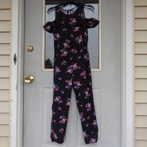 3/$18 Joey B Floral polka dot print cold shoulder jumpsuit boho girls L - Picture 8 of 15